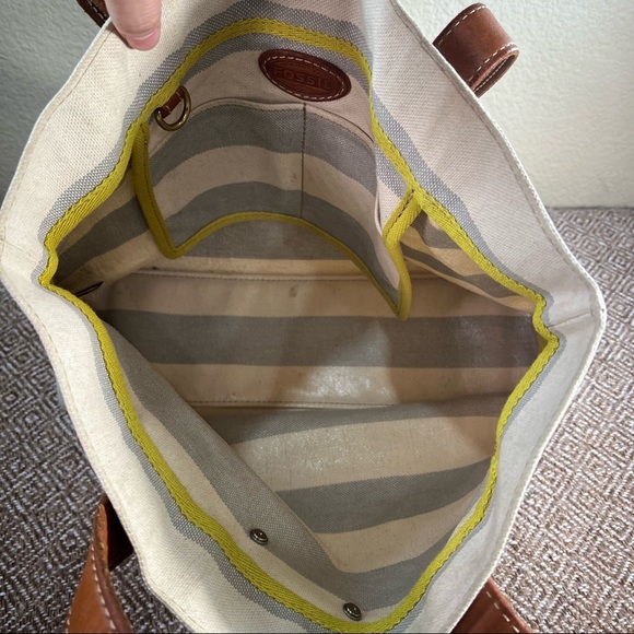 Fossil Rachel Blue Gray /Cream Coated Canvas KEY Leather Shoulder Tote Bag - Picture 6 of 14